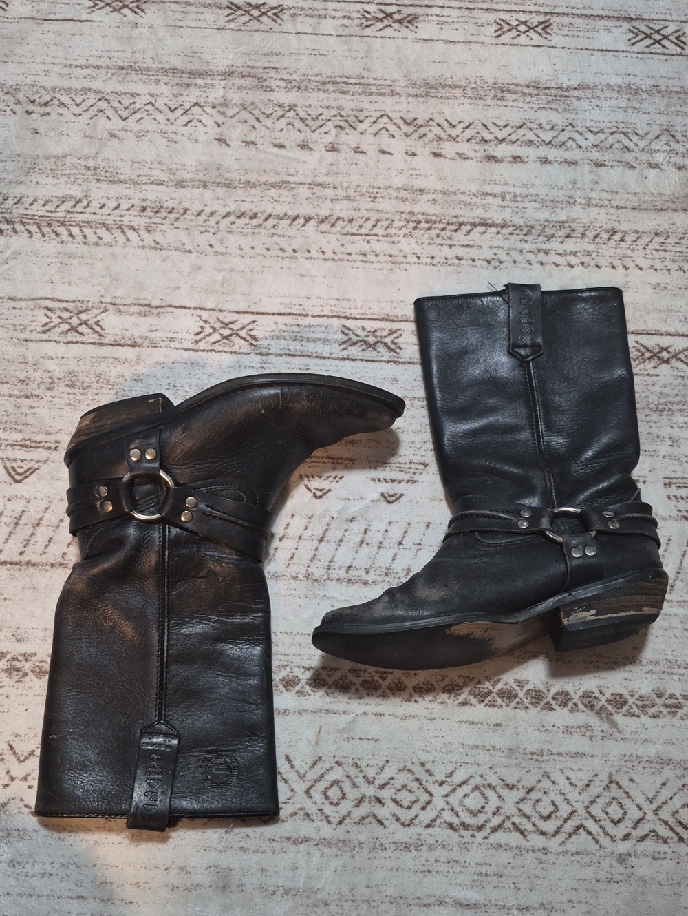 Frye Black Leather Harness Mid-Calf Boots